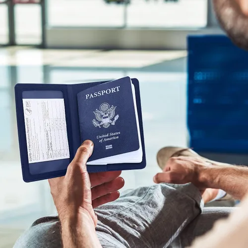 Miniatura 2 de Combo de soporte para pasaporte, pasaporte y tarjetero de vacunación, marrón + azul oscuro