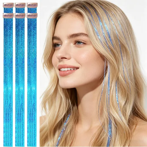 Miniatura 38 de Celinebella 6 extensiones de cabello con clip de mezcla de color rojo, plateado y azul, 6 unidades, resistentes al calor, para mujeres, 17-Azul