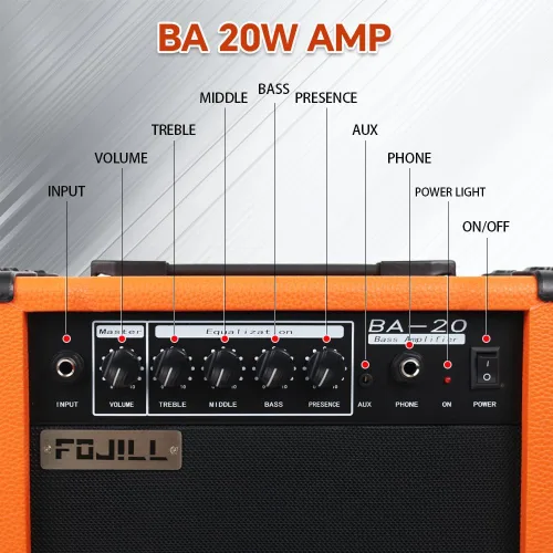 Miniatura 2 de Amplificador de guitarra eléctrica de bajo de 20 W FOJILL, amplificador de práctica, rendimiento, escenario, pequeño, portátil, de viaje con Naranja