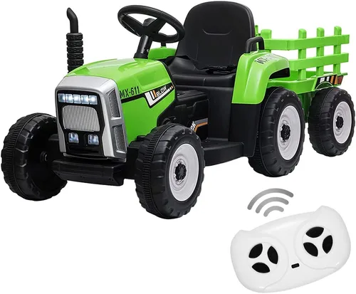Tractor de paseo para niños con remolque verde y control remoto, vehículo eléctrico con batería de 12V para niños pequeños con arranque lento, 7