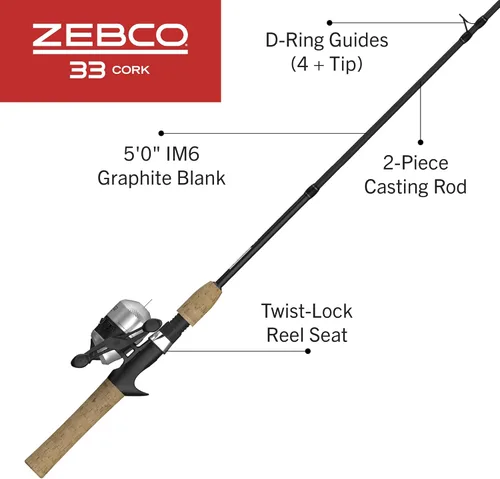 Miniatura 2 de Zebco 33 Combo de Carrete y Caña de Pescar con Corcho, Caña de Grafito con Mango de Corcho, Carrete de Pesca QuickSet Anti-Reversa con Alerta