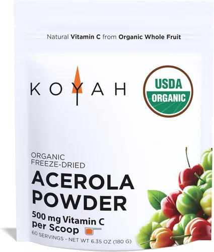 KOYAH - Acerola en polvo orgánica, liofilizada: 60 porciones | 1 cucharada = 500 mg de vitamina C natural de alimentos integrales, 100 puros, sin