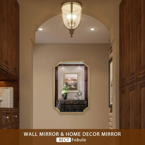 Miniatura 6 de Espejo de pared de 24 x 36 pulgadas, espejo decorativo rectangular de esquinas festoneadas, marco de cuentas de metal, decoración de pared para Oro