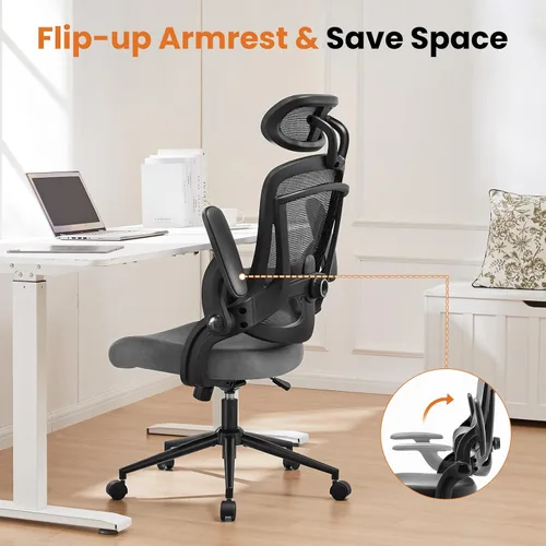 Miniatura 5 de Silla de oficina ergonómica de malla, silla de escritorio de computadora con respaldo alto con reposacabezas ajustable y soporte lumbar, silla Gris