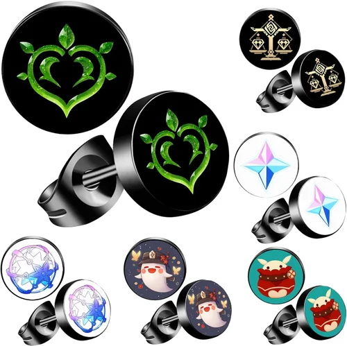 MARSALIA Aretes de anime, aretes de impacto Genshin para hombres y niños, 6 pares de aretes negros de acero inoxidable para fanáticos de Genshin,