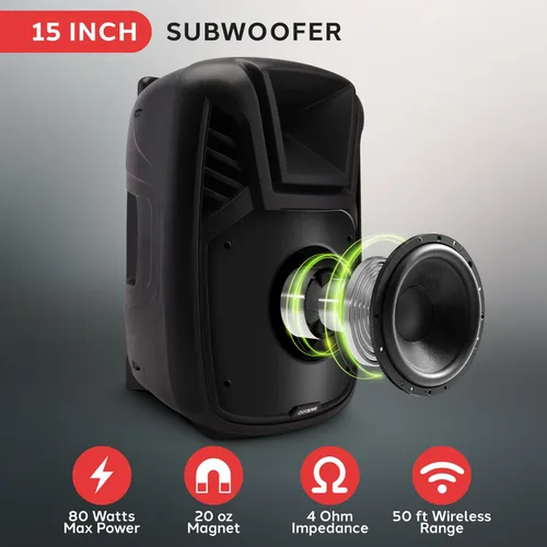 Miniatura 5 de Pyle Altavoz portátil - Altavoz de salida de potencia máxima de 15 pulgadas, 80 vatios, sistema PA con luz LED, asas, ruedas y control remoto
