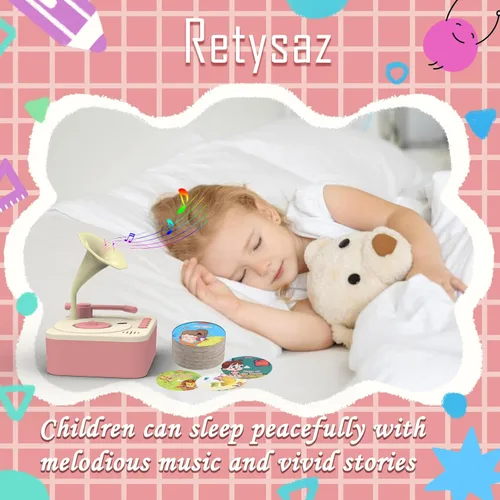 Miniatura 5 de Fonógrafo para niños con 96 tarjetas, reproductor de música de cuentos para niños de 3 a 6 años, juguete sensorial musical para niños y niñas, Rosa