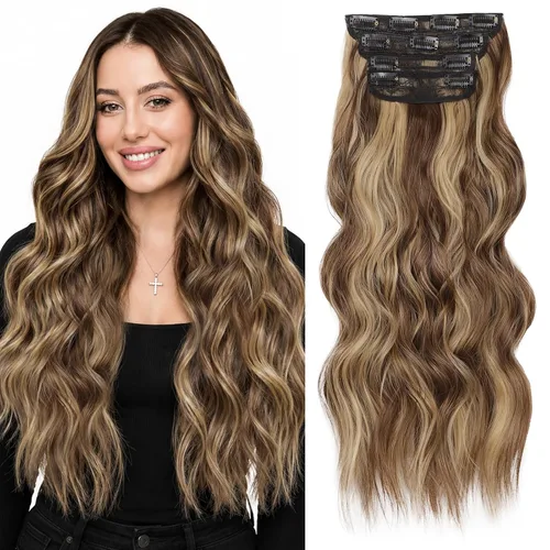 Miniatura 26 de ALXNAN Extensiones de cabello sintético largo y ondulado con clip, de 16 pulgadas, color negro natural, 4 piezas gruesas, fibra de doble trama