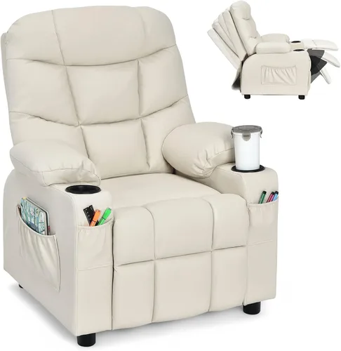 Costzon Silla Reclinable para Niños con Portavasos, Silla de Descanso Ajustable con Reposapiés y Bolsillos Laterales para Habitación de Niños y