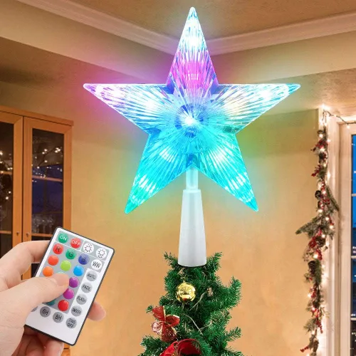 Estrella para la Copa del Árbol de Navidad de 7" Estrella LED Iluminada para la Copa del Árbol c/Control Remoto, Estrella de 5 Puntas RGB Luz