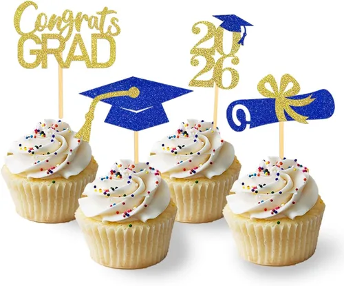 Miniatura 9 de 24 adornos de graduación para cupcakes, decoraciones de graduación negras y azules para la clase de 2026 (negro y azul)