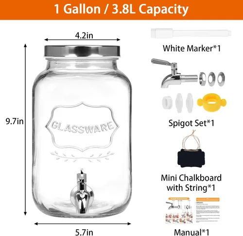 Miniatura 2 de Moretoes Dispensador de bebidas de vidrio de 1 galón para fiestas, dispensador de bebidas para jugo y té helado, tarro hermético de vidrio para té