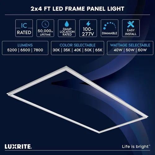 Miniatura 7 de LUXRITE Panel de luces LED con marco iluminado de borde de 2 x 4 pies, 5CCT seleccionable 3000K-6500K, 5200/6500/7800LM, interruptor de 40 W/50 W/60