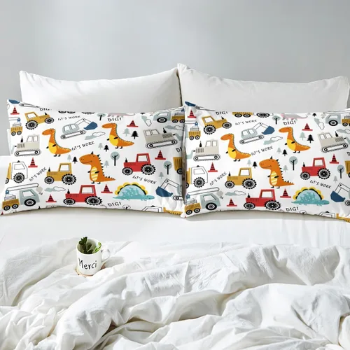 Miniatura 8 de Feelyou Juego de ropa de cama de construcción para niños, tamaño queen, niños, dinosaurios de dibujos animados, juego de funda de edredón para Multi