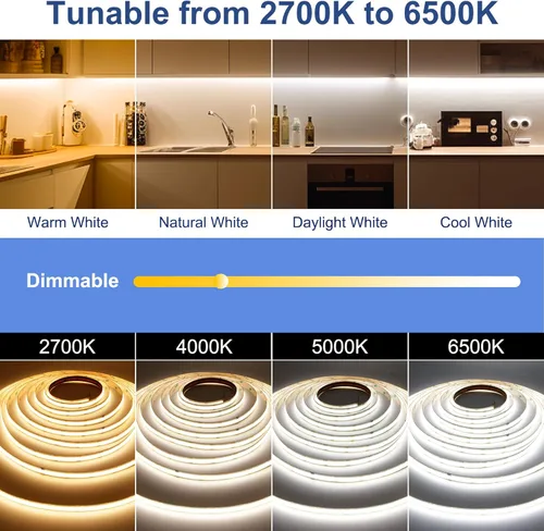 Miniatura 4 de AXMOTUT CCT Tira de luces LED COB, 65.6 pies Tira de luz LED blanca regulable 2700K-6500K 24V, tiras LED de alta densidad CRI 90+ con control remoto