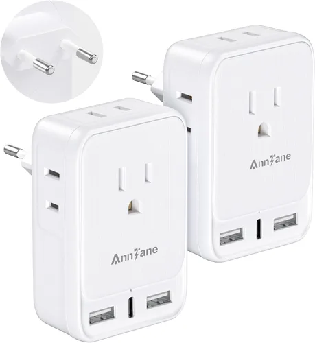 Paquete de 2 adaptadores de viaje europeos, AnnTane con capacidad para 2 salidas de CA y 3 puertos USB, un adaptador de enchufe de Estados Unidos a