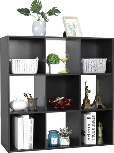 Organizador de estantes de almacenamiento de 9 cubos, unidad de organización de estantería de madera, estantes de cubo para el hogar, oficina, Negro