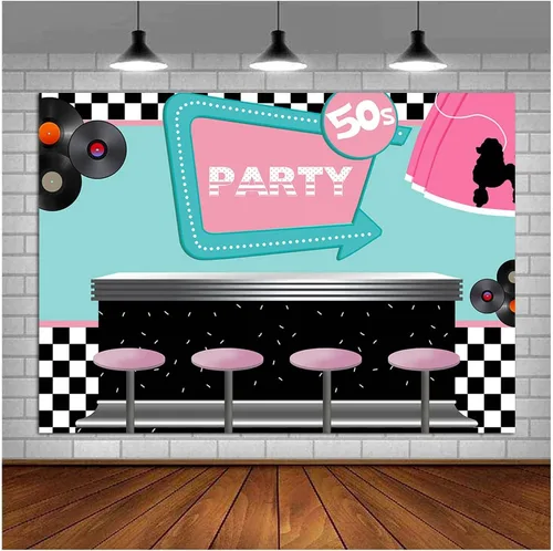 Miniatura 3 de 50's Soda Shop - Telón de fondo de vinilo para fiestas de regreso a los años 50, 5 x 3 pies con temática de los años 50, cartel para sesión de fotos
