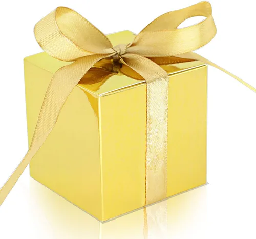 KPOSIYA - 100 cajas para regalo, cajas para dulces de 2x2x2 pulgadas, cajas de regalo doradas con lazos para decoración de boda, baby shower,