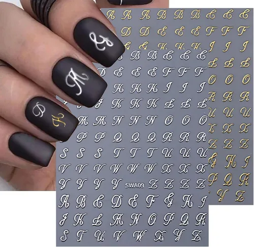 Miniatura 4 de Calcomanías de uñas con letras, 8 hojas de calcomanías de uñas con letras en inglés antiguo, 3D, autoadhesivas, doradas, plateadas, negras, blancas