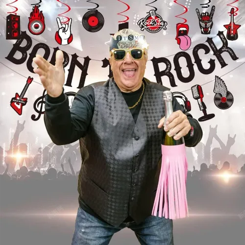 Miniatura 3 de LARRAZABAL Las decoraciones de fiesta de rock and roll incluyen pancarta con purpurina Born to Rock, remolinos colgantes de rock and roll y centros