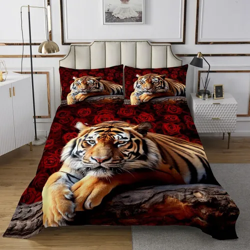 Miniatura 2 de Erosebridal Juego de colcha de tigre tamaño Queen, diseño romántico floral de safari con flores rojas para adultos, hombres, mujeres, niños y niñas