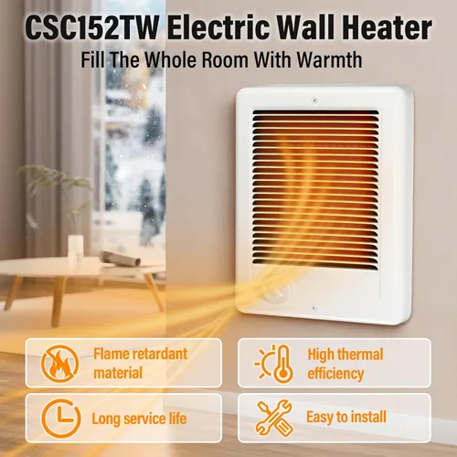 Miniatura 2 de CSC152TW Calentador de pared eléctrico unidad completa con termostato, 5120 BTU, 240 voltios, 1500 vatios (Modelo: CSC152TW, Parte: 67506)