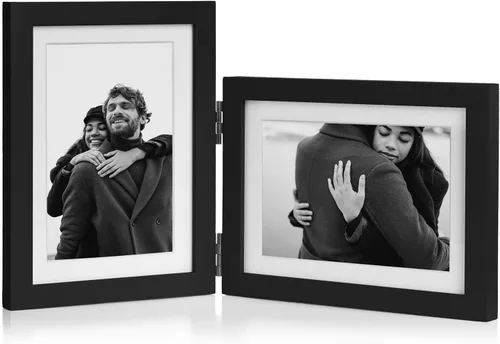 Miniatura 31 de Marco de fotos doble de 4 x 6 pulgadas con bisagras horizontales, marco de fotos plegable en madera de pino negro con vidrio real para mesa