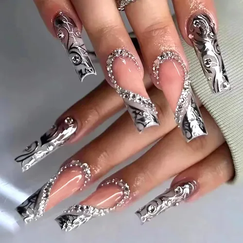 Miniatura 17 de MISUD - Uñas postizas largas cuadradas con pegamento de Rojo Gótico y Negro, diseño cruzado gótico Y2K acrílico, 24 piezas