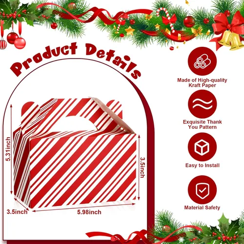 Miniatura 5 de Cholemy 50 piezas de cajas de regalo de Navidad con asa, cajas de diseño rojo y blanco, cajas de galletas y dulces de Navidad, cajas de papel