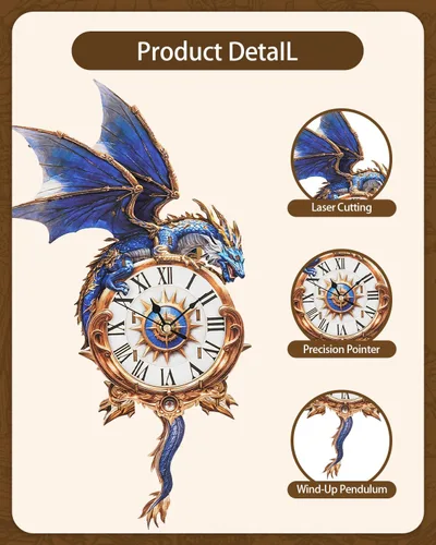 Miniatura 5 de Rompecabezas de madera 3D para adultos, kit de modelo de reloj de dragón azul con péndulo, rompecabezas 3D para adultos, kit de reloj de pared DIY