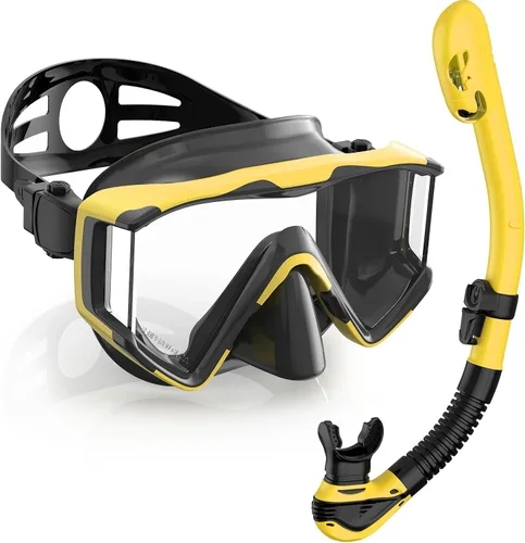 Miniatura 19 de Greatever Juego de esnórquel Pano de 3 ventanas para adultos, vista panorámica amplia, máscara de buceo antivaho, antifugas, gafas de esnórquel