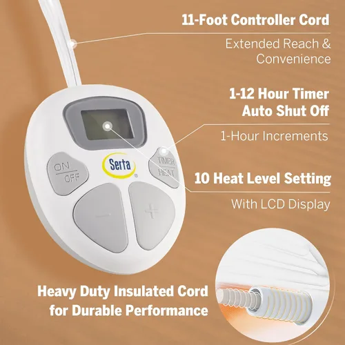 Miniatura 4 de Serta - Manta eléctrica, suave, acanalada, manta térmica de felpa para oficina, sofá, temporizador de apagado automático de 1 a 12 horas, 10 niveles