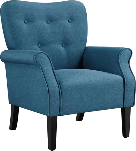Yaheetech Sillón moderno, silla decorativa de mediados de siglo con patas de madera resistentes y respaldo alto para espacios pequeños, sofá Azul