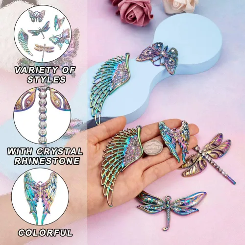 Miniatura 4 de 12 dijes de filigrana de mariposa de aleación de color arco iris, colgantes grandes, colgantes de ala hueca, adorno de metal grabado al agua fuerte