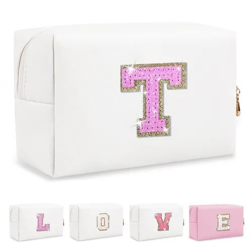 Miniatura 407 de Pequeña bolsa de maquillaje personalizada con inicial A-Z Preppy Patch, bolsa de cosméticos de viaje de felpilla blanca con cremallera, bonita bolsa