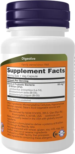 Miniatura 2 de NOW Suplementos, 8 mil millones de Acidophilus & Bifidus, sin lácteos, soja y gluten, verificado por cepa, 60 cápsulas vegetales