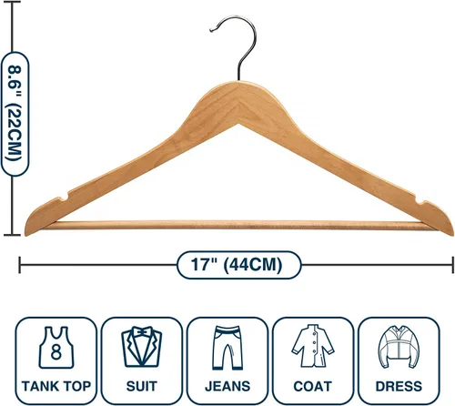 Miniatura 7 de Paquete de 20 perchas de madera con acabado liso, colgador de ropa resistente para trajes, chaquetas, pantalones, vestidos, perchas para armario