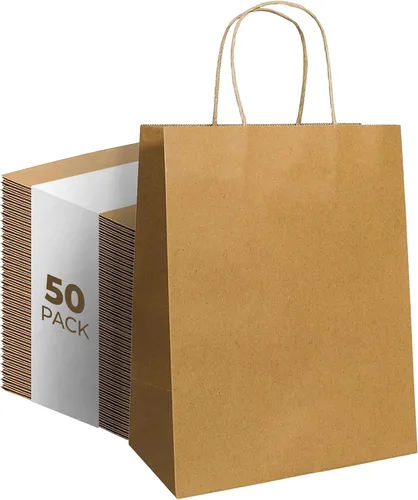 PTP Bags Bolsas de papel kraft de 8 x 4.75 x 10.5 pulgadas, bolsa reciclable de 3.53 oz/m² con asas reforzadas para regalos de boutique, compras al