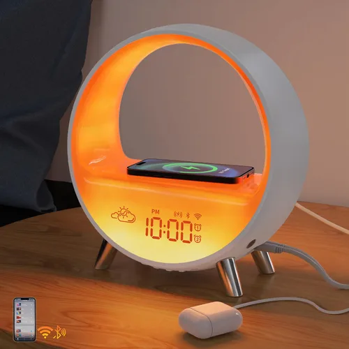 Miniatura 8 de MOMILLA Reloj despertador Sunrise con estación de carga inalámbrica de 15 W, altavoz Bluetooth y máquina de ruido blanco, luz de despertador