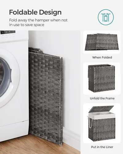 Miniatura 8 de SONGMICS Cesta de lavandería con tapa, cesta de ropa de 110 litros con 2 bolsas de forro extraíbles, 6 bolsas de malla, canasta de mimbre para Gris