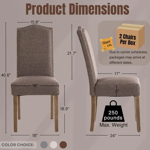 Miniatura 2 de Silla de comedor tapizada moderna y elegante Parsons con respaldo alto con ribete plateado de cabeza de clavo y patas de madera, juego de 2, tela