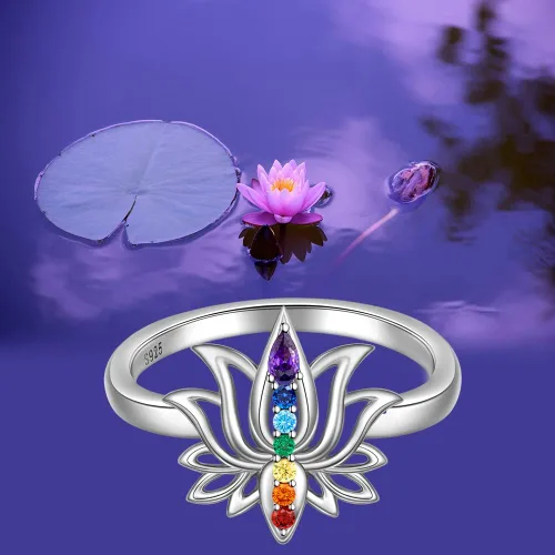 Miniatura 5 de Anillo de chakras de loto para mujer, yoga, chakras, cristal de plata de ley, flor de loto, equilibrio energético, chakras, joyería de meditación