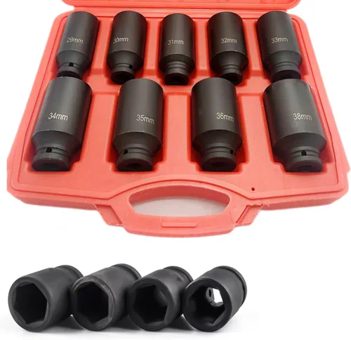 Miniatura 8 de Juego de dados de impacto de 1 pulgada, 9 piezas SAE de impacto, 1 pulgada, 1 pulgada a 2 pulgadas, 6 puntos de impacto con estuche