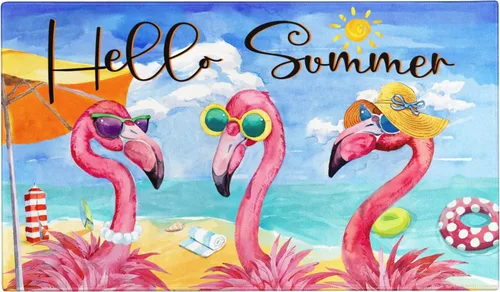 Tapete de verano para puerta de playa, tropical, para interiores y exteriores, antideslizante, con flamenco, entrada, porche, puerta de bienvenida,