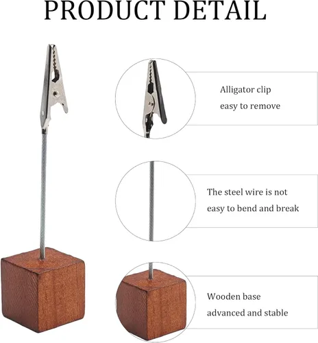 Miniatura 5 de 10PCS Brown Wooden Cube Base Memo Clip Holders, Alligator Clip Stands for Table Numbers, Place Cards, Photos and Wedding Decorations