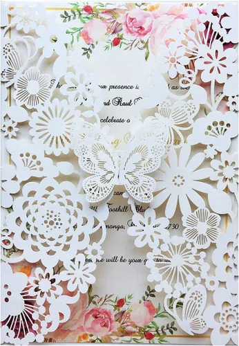 Miniatura 8 de Hosmsua 50 invitaciones de quinceañera de mariposa azul rey y sobre de 5.12 x 7.3 pulgadas, corte láser, flora de encaje, invitación de quinceañera