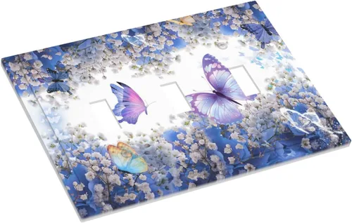 Miniatura 3 de Cubierta de interruptor de luz de 3 cuadrillas con diseño de flores azules púrpuras, cubierta de placa de pared de triple palanca, arbustos florales
