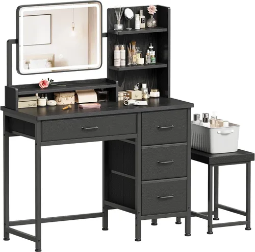 Miniatura 12 de YeTom Escritorio de maquillaje con espejo y luces, tocador pequeño con cajón de almacenamiento de tela, estantes y mesa auxiliar, tocador de Negro