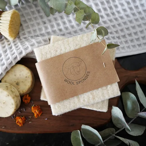 Miniatura 4 de Paquete de 2 esponjas de lana, respetuosas con el medio ambiente, de larga duración y compostables, perfectas para platos, cara, cuerpo y superficies